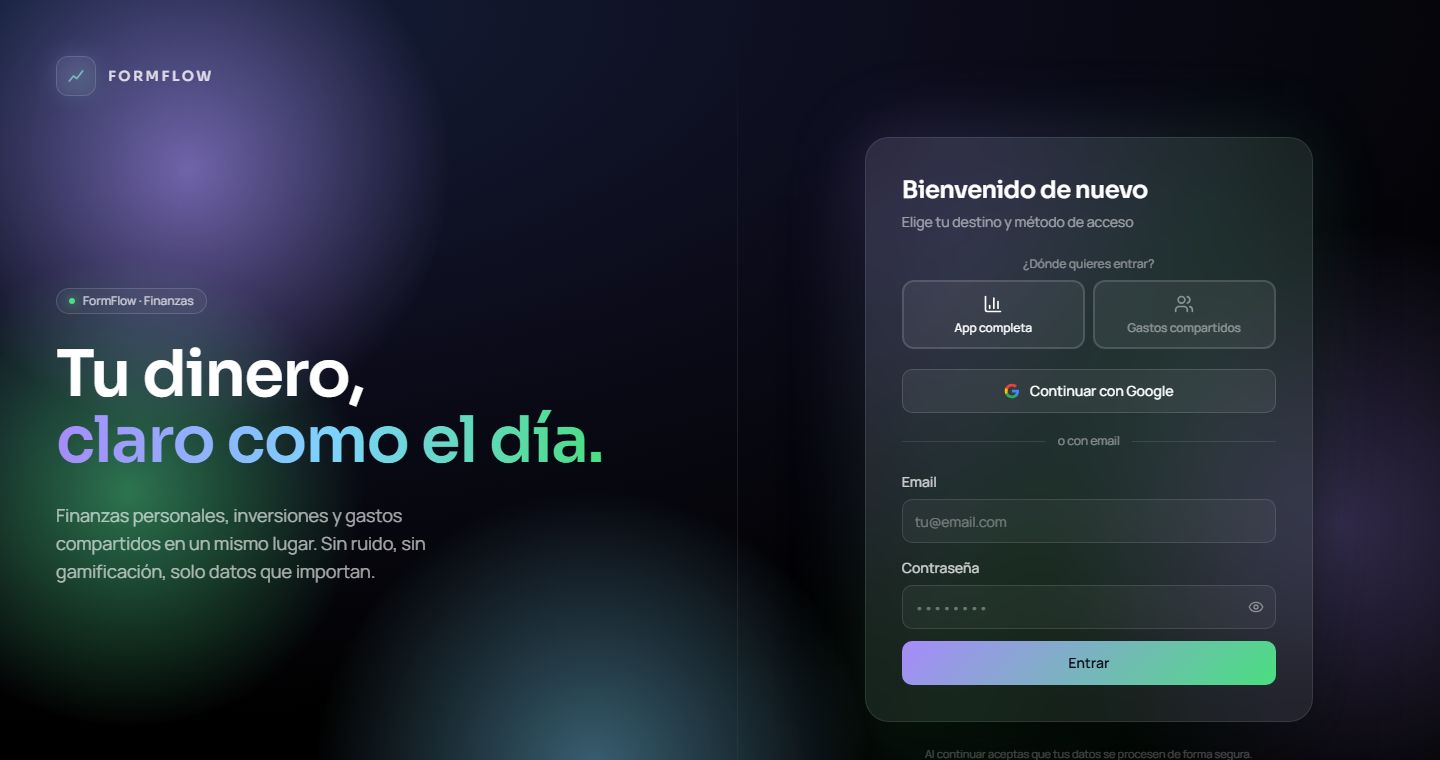 Entrada de FormFlow: «Tu dinero, claro como el día.», finanzas personales, inversiones y gastos compartidos.