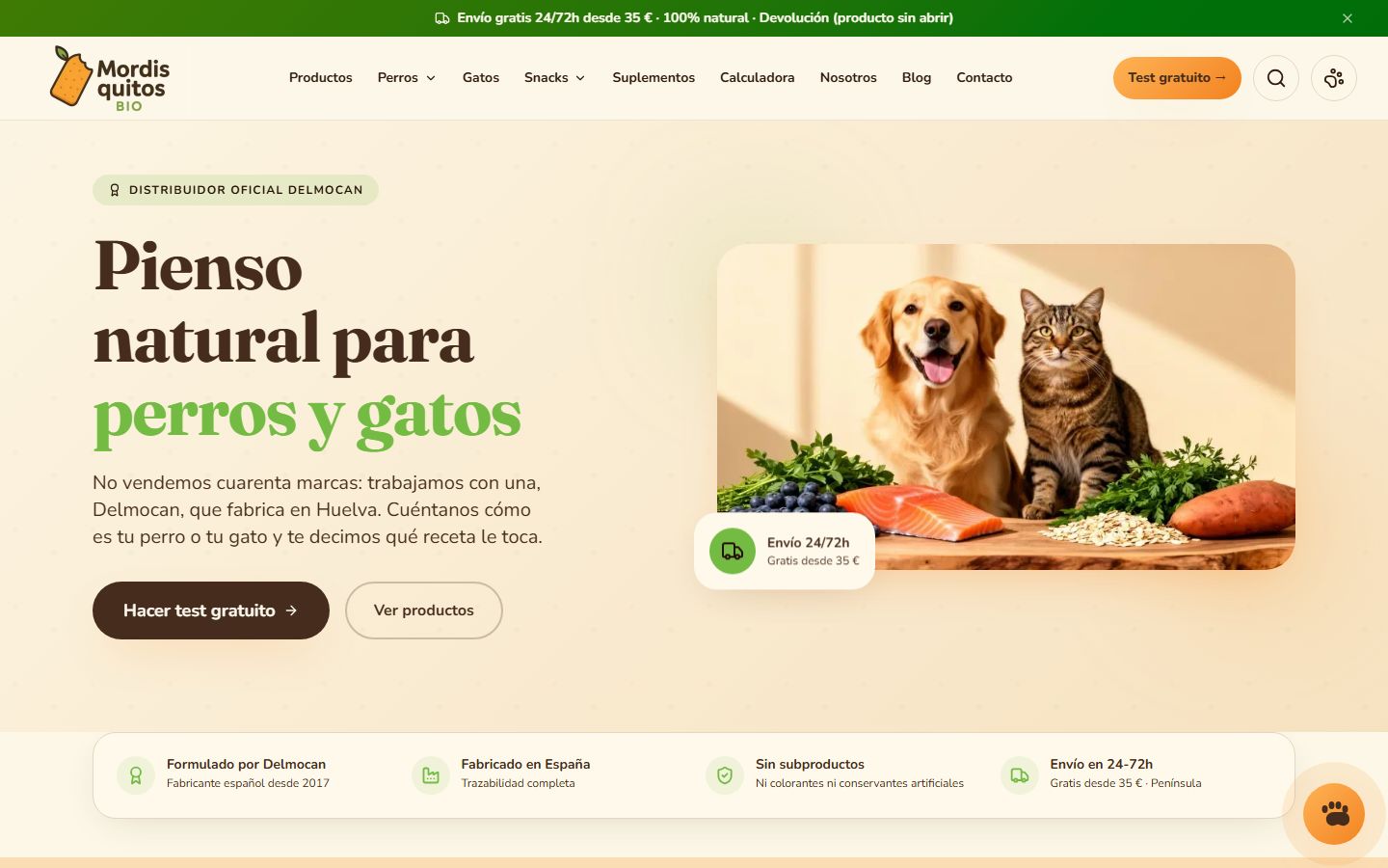 Portada de mordisquitosbio.com en escritorio: «Pienso natural para perros y gatos», con los botones «Hacer test gratuito» y «Ver productos».
