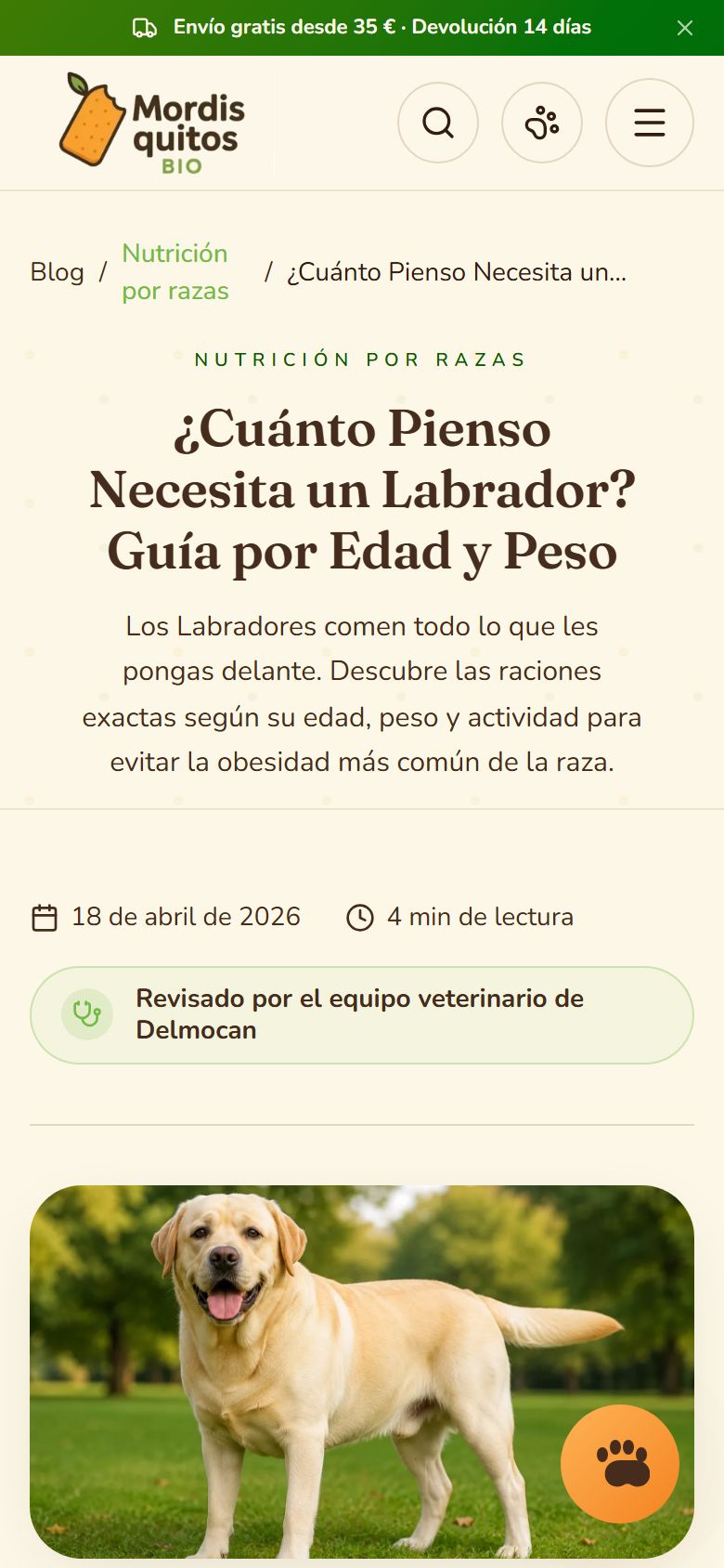 Guia del blog de mordisquitosbio.com al mòbil: quant pinso necessita un labrador, per edat i pes.
