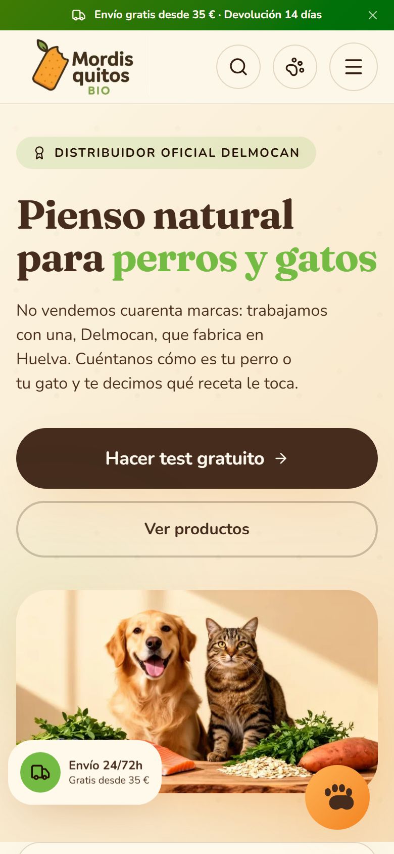 Portada de mordisquitosbio.com al mòbil: pinso natural per a gossos i gats i el botó per fer el test gratuït.