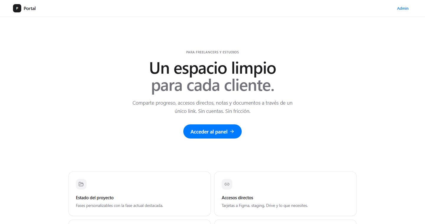 Portada del Portal de clientes: «Un espacio limpio para cada cliente.», con estado del proyecto, accesos directos, notas y facturas.