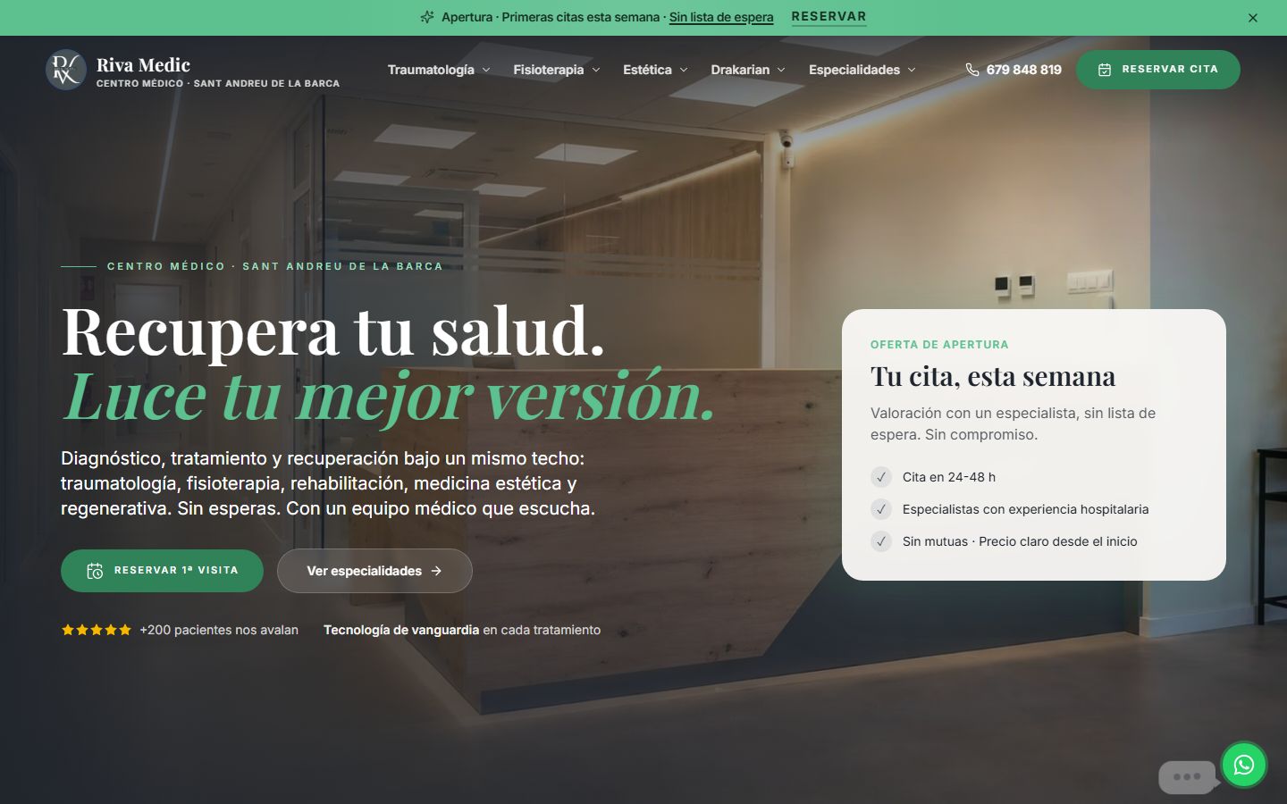 Portada de rivamedic.es en escritorio: «Recupera tu salud. Luce tu mejor versión.», con el botón de reservar la primera visita.