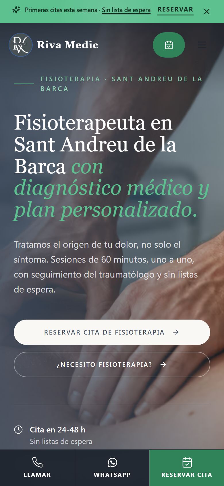 Página de fisioterapia de rivamedic.es en el móvil: «Fisioterapeuta en Sant Andreu de la Barca».